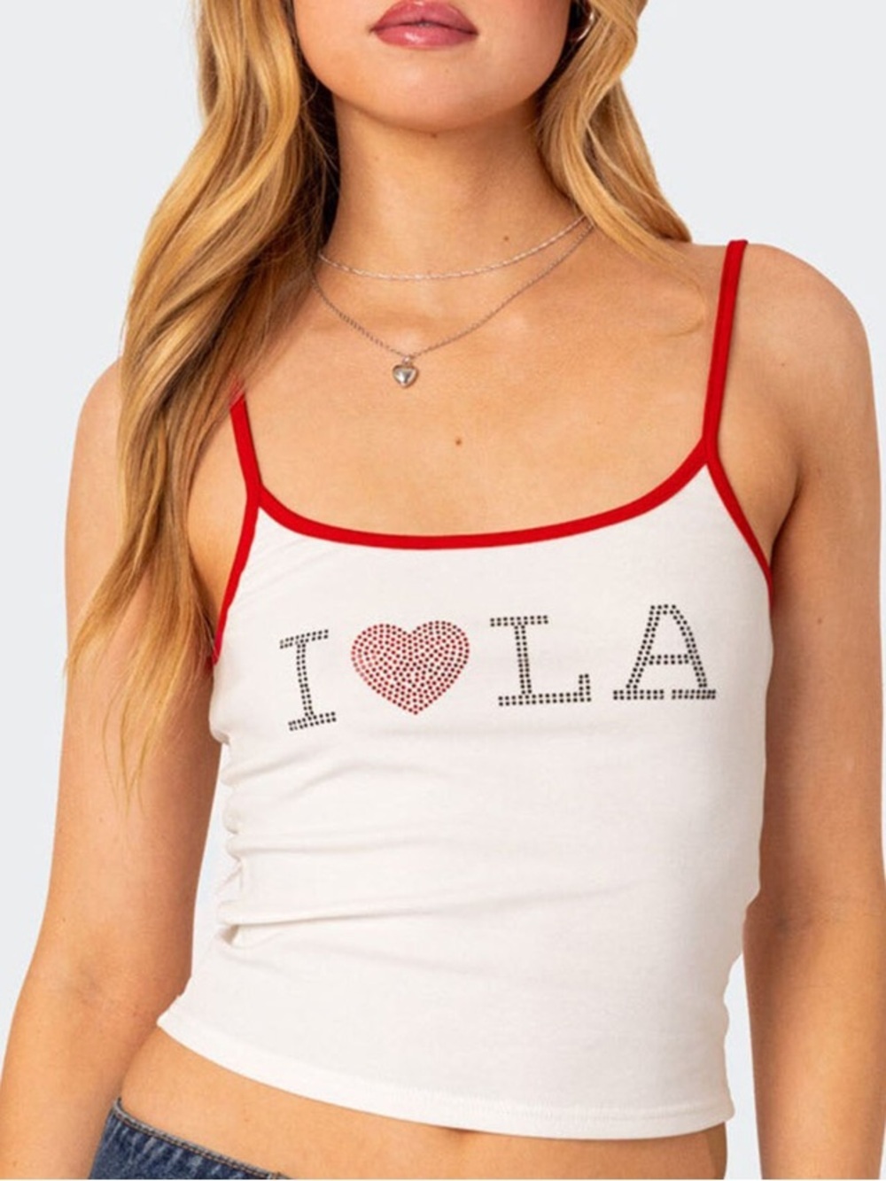 Edikted I Love LA Lover Rhinestone White Red Tank Top Women’s Size Medium